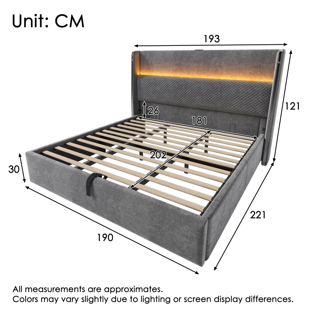 LETTO Contenitore 180x200 cm Grigio in lino con LED e presa USB/Type-C