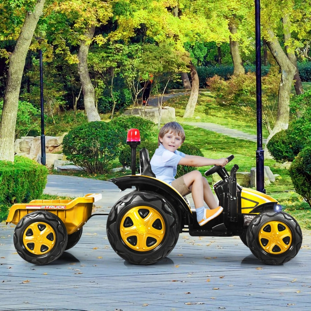 Trattore elettrico per bambini con rimorchio e telecomando, Trattore giocattolo con cintura di sicurezza Giallo-Macchinine giocattoli