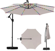 Ombrellone da Giardino 290 cm, con 96 Luci LED, Ombrellone Esterno con Base, Inclinazione Regolabile, Rotazione a 360°, Manovella, Parasole da Giardino (Beige)