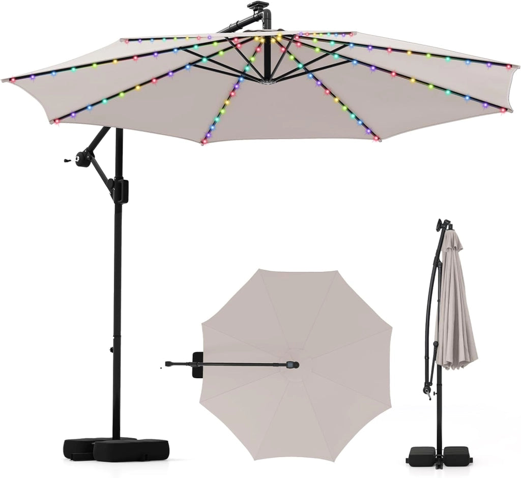Ombrellone da Giardino 290 cm, con 96 Luci LED, Ombrellone Esterno con Base, Inclinazione Regolabile, Rotazione a 360°, Manovella, Parasole da Giardino (Beige)