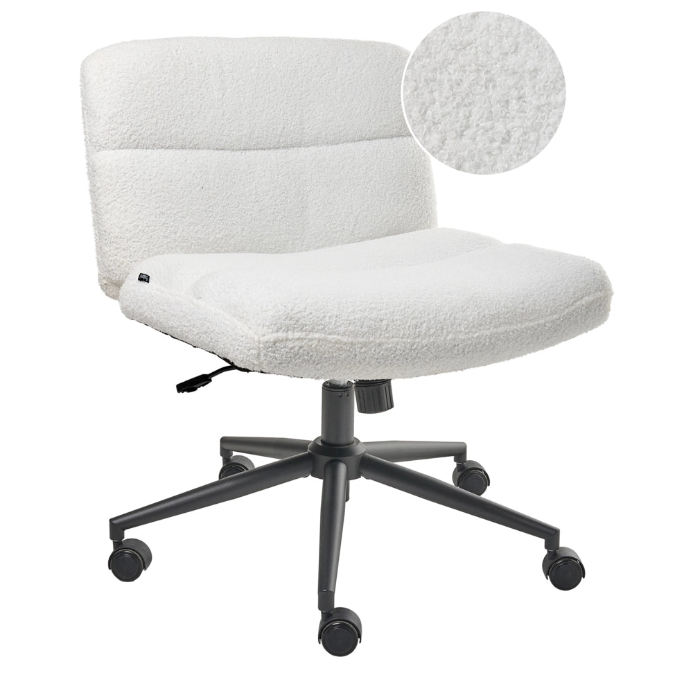 Sedia da scrivania per ufficio Bianco Boucle Teddy Rivestimento ampio senza braccioli Seduta pneumatica Base girevole Inclinabile