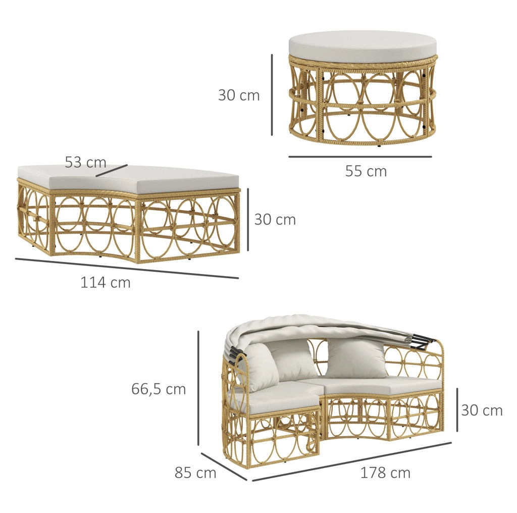 Set salottino da giardino 4 pezzi in rattan con tetto apribile; bianco crema