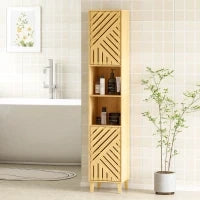 Mobile Colonna Bagno con 2 Armadietti e 2 Ripiani con Scaffale Regolabile, in Bambù e Truciolato, 32x30x170 cm