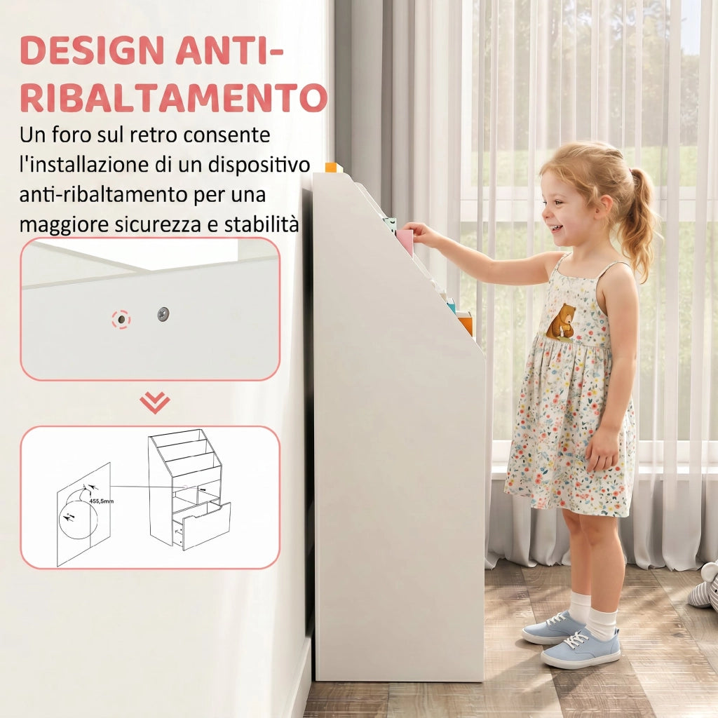 Piccola Libreria per Bambini con Ripiani e Cassetto in MDF. 60x29.9x90cm. Bianco