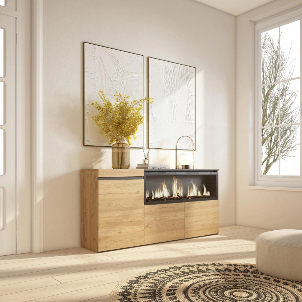 Credenza, Mobile, 158x35x75cm, 3 Porte, Camino elettrico XXL, colore Rovere RF3291