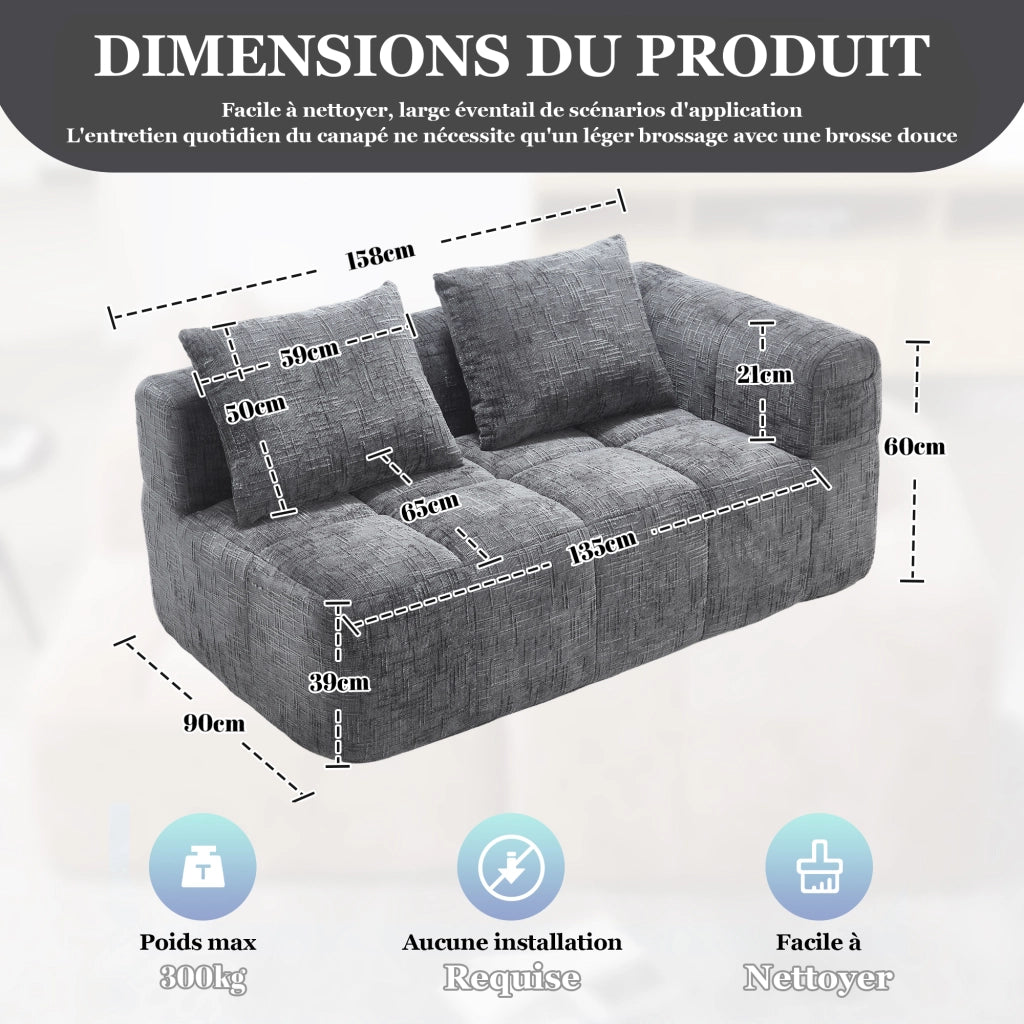 Divano 2 Posti con Chaise Longue e Tasche Laterali; Cuscino Incluso; Comfort Morbido; in Ciniglia Grigio
