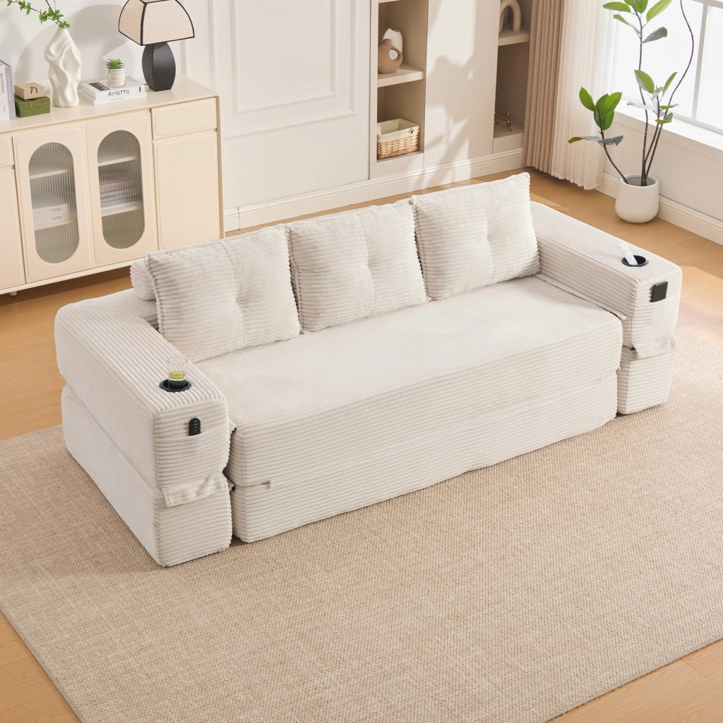 Divano letto modulare in corda con tasche laterali, portabicchieri e cuscini memory per soggiorno, beige