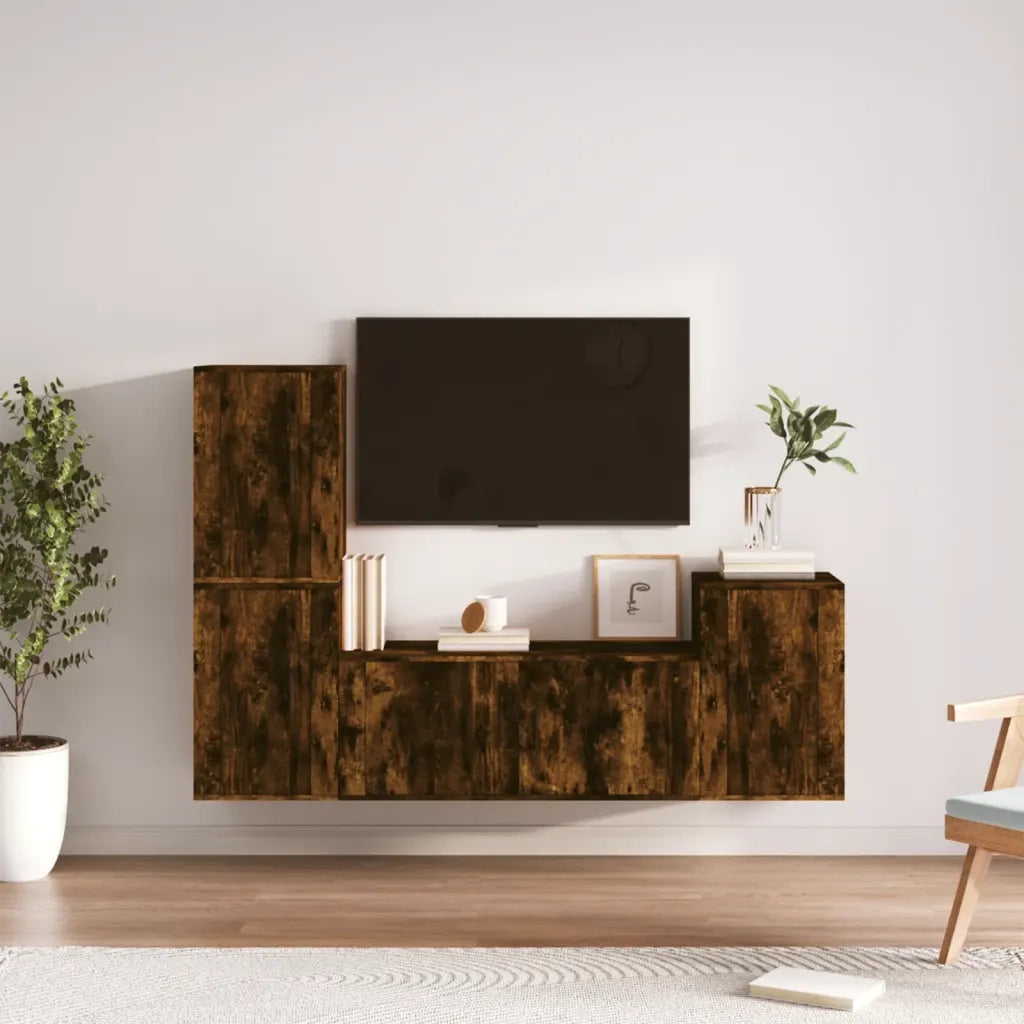 Set di Mobili Porta TV 4 pz Rovere Fumo in Legno Multistrato 3188603