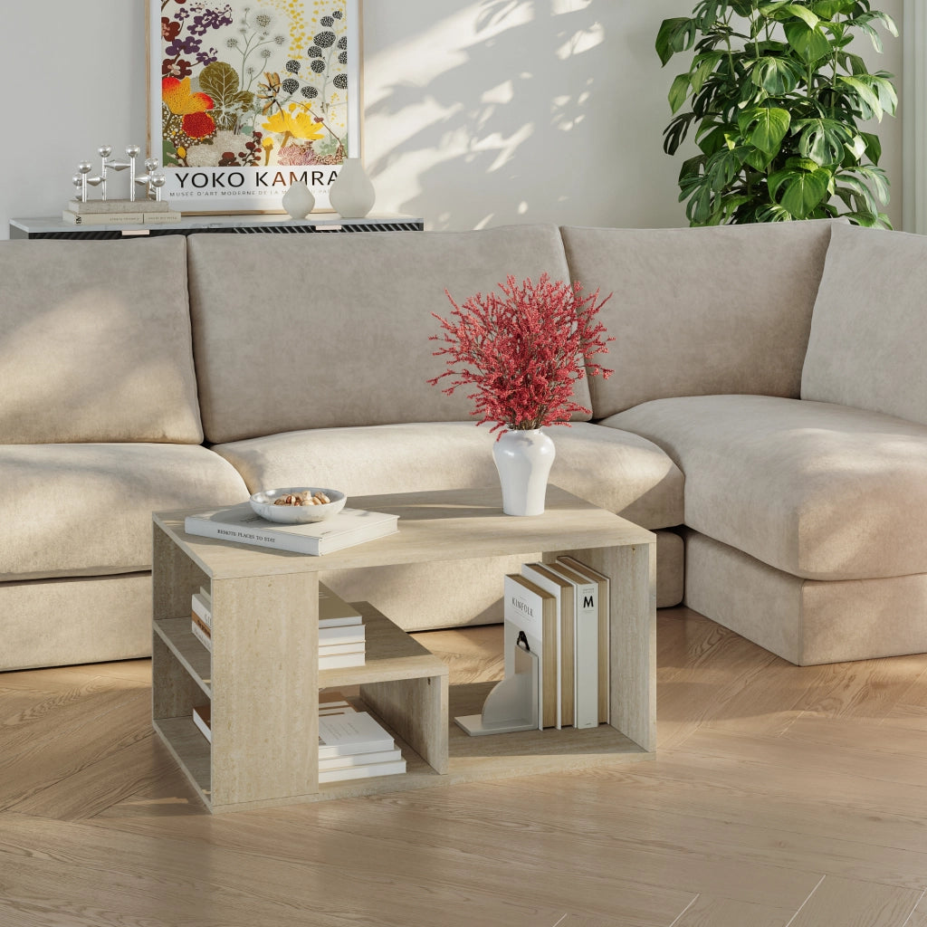 Tavolino Centrale da Salotto Antaa con Vani Aperti 80 x 50 x 40 cm - Color Avorio Travertino [en.casa]