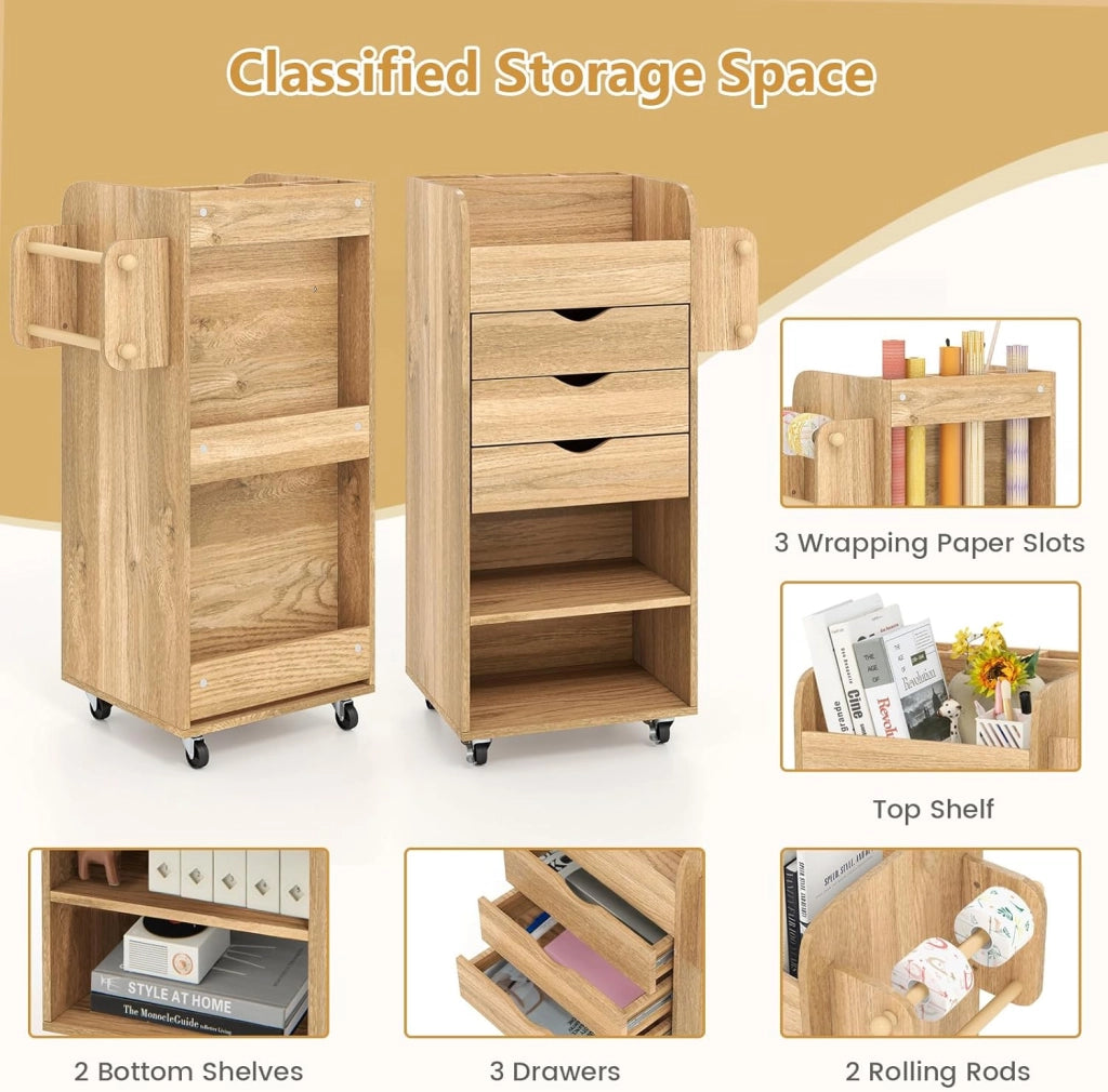 Cassettiera con ruote, 3 cassetti e 2 ripiani, in legno, cassettiera per ufficio, casa e soggiorno, 48,5 x 33,5 x 85,5 cm (naturale)