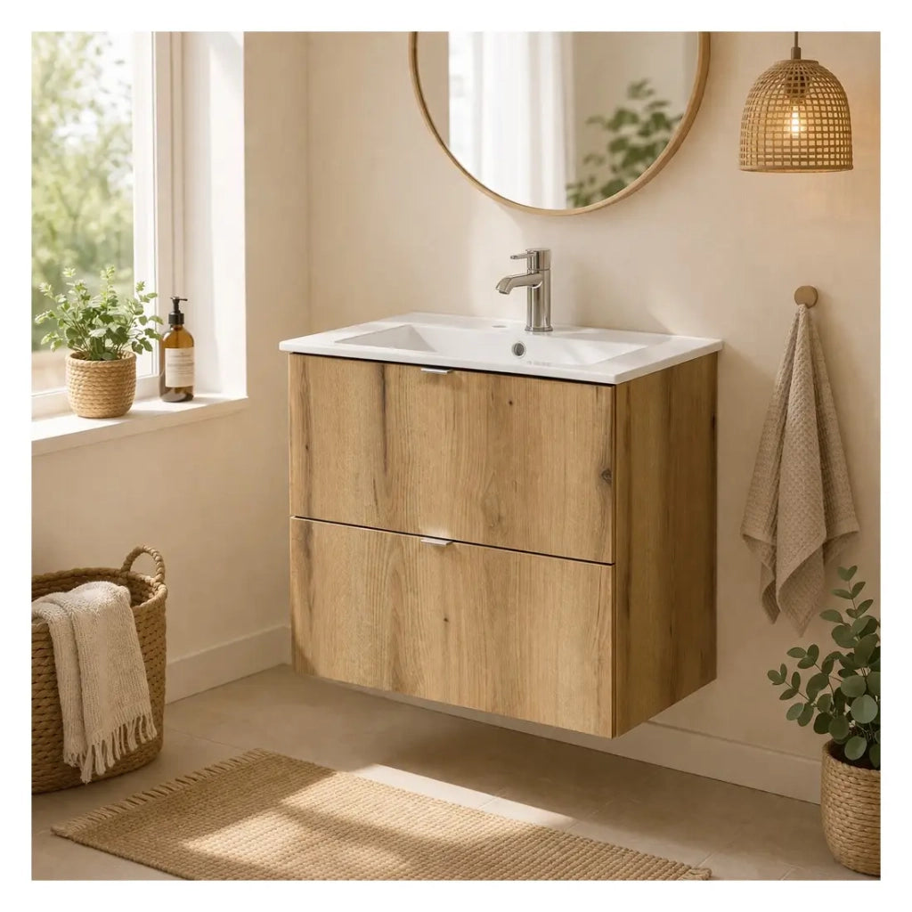 Set da bagno sospeso VANO in rovere 60cm: mobile sottolavabo con cassetti + lavabo incassato
