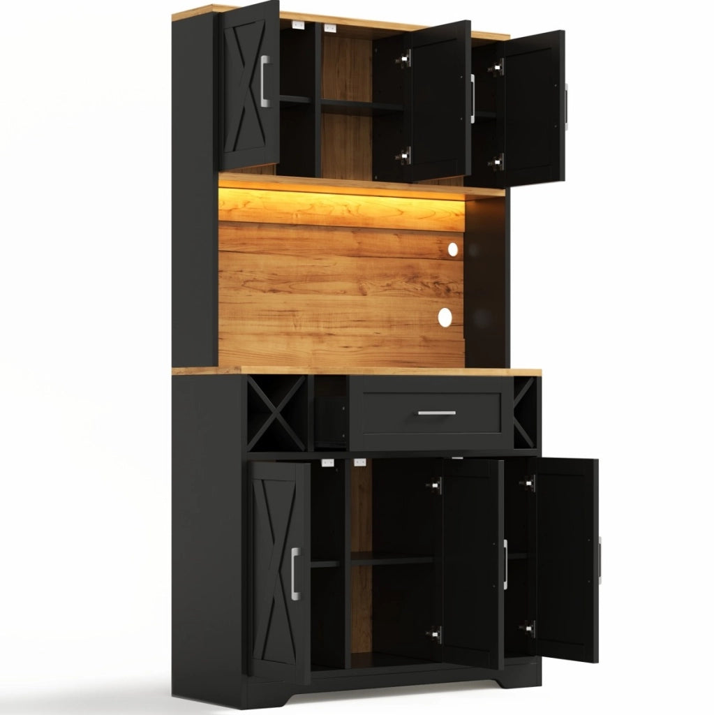 Credenza alta da cucina con LED RGB e presa 105x40x180 cm in MDF; naturale e nero