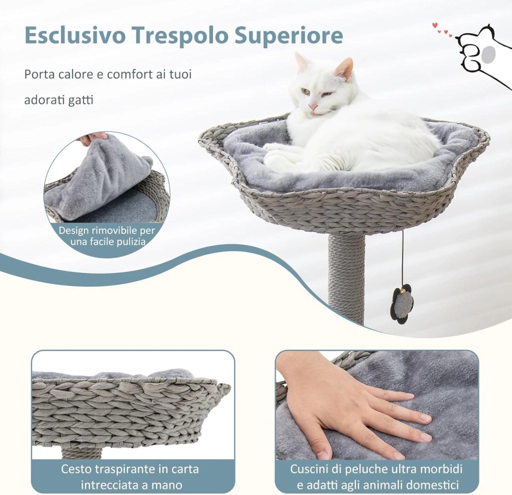 Albero per Gatti da Interno, Albero Tiragraffi per Gatti 106 cm con Telaio Curvo in Metallo, Torre per Gatti Multifunzionale a 3 Livelli con Palline