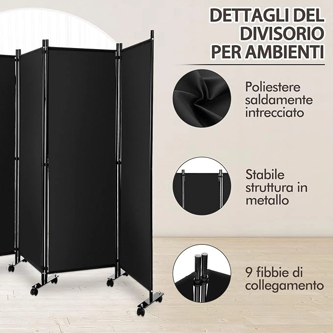 Paravento da Interno in Metallo, Separé Divisorio Interno Pieghevole con Piedini Stabili, Pannelli Divisori per Interni per Casa e Ufficio (Nero, 225 x 173 cm (4 Pannelli con ruote))