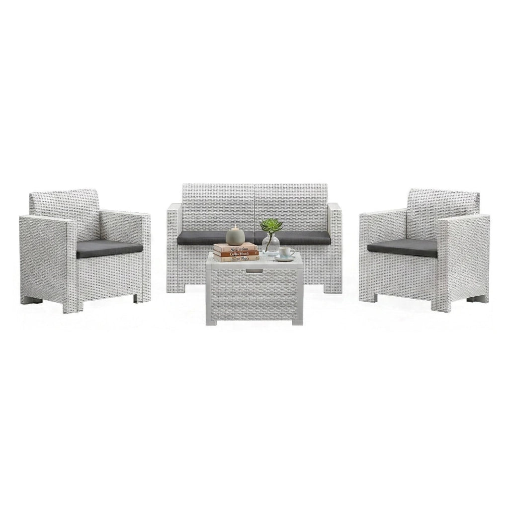 Salottino da esterno Gazania, Set da giardino con cuscini, Salottino  effetto rattan, 100% Made in Italy colore Bianco