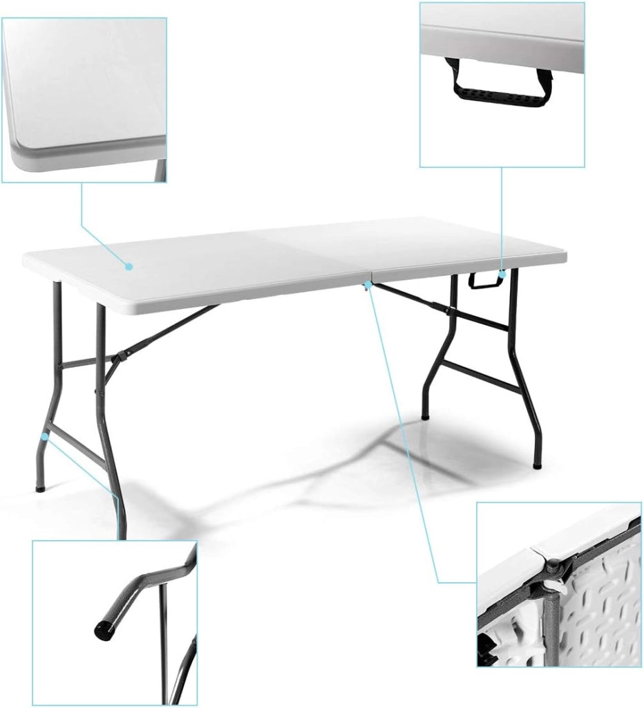Tavolo da campeggio pieghevole da giardino con maniglia, tavolo da pranzo con piedini antiscivolo, bianco (182 x 75 x 74,5 cm)