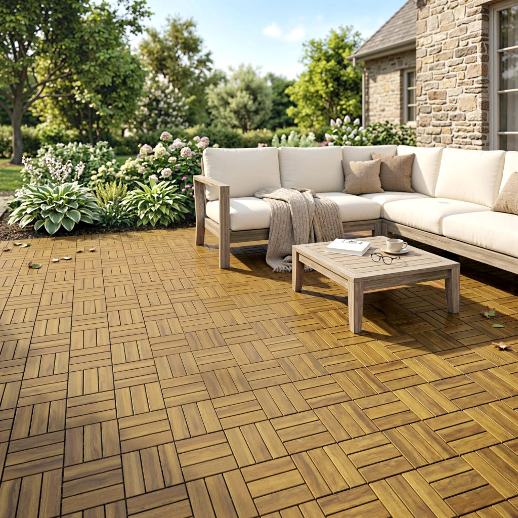 Set 10 Pezzi Piastrelle Legno Giardino Esterno 31x31 cm ¨C zephmum ¨C Antiscivolo Naturale