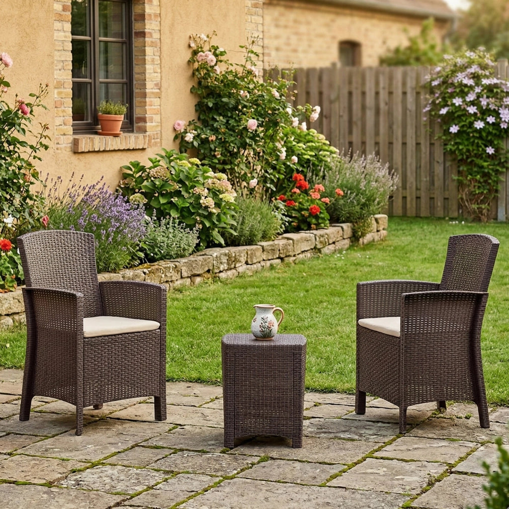 Salottino da esterno Armin, Set da giardino con cuscini, Salottino  effetto rattan, 100% Made in Italy colore Marrone