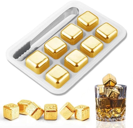 Whisky Stones Goud - 8 Pezzi - Acciaio Inossidabile - Gel Silicatico Clip Igiene - Riciclabile - Superficie Liscia