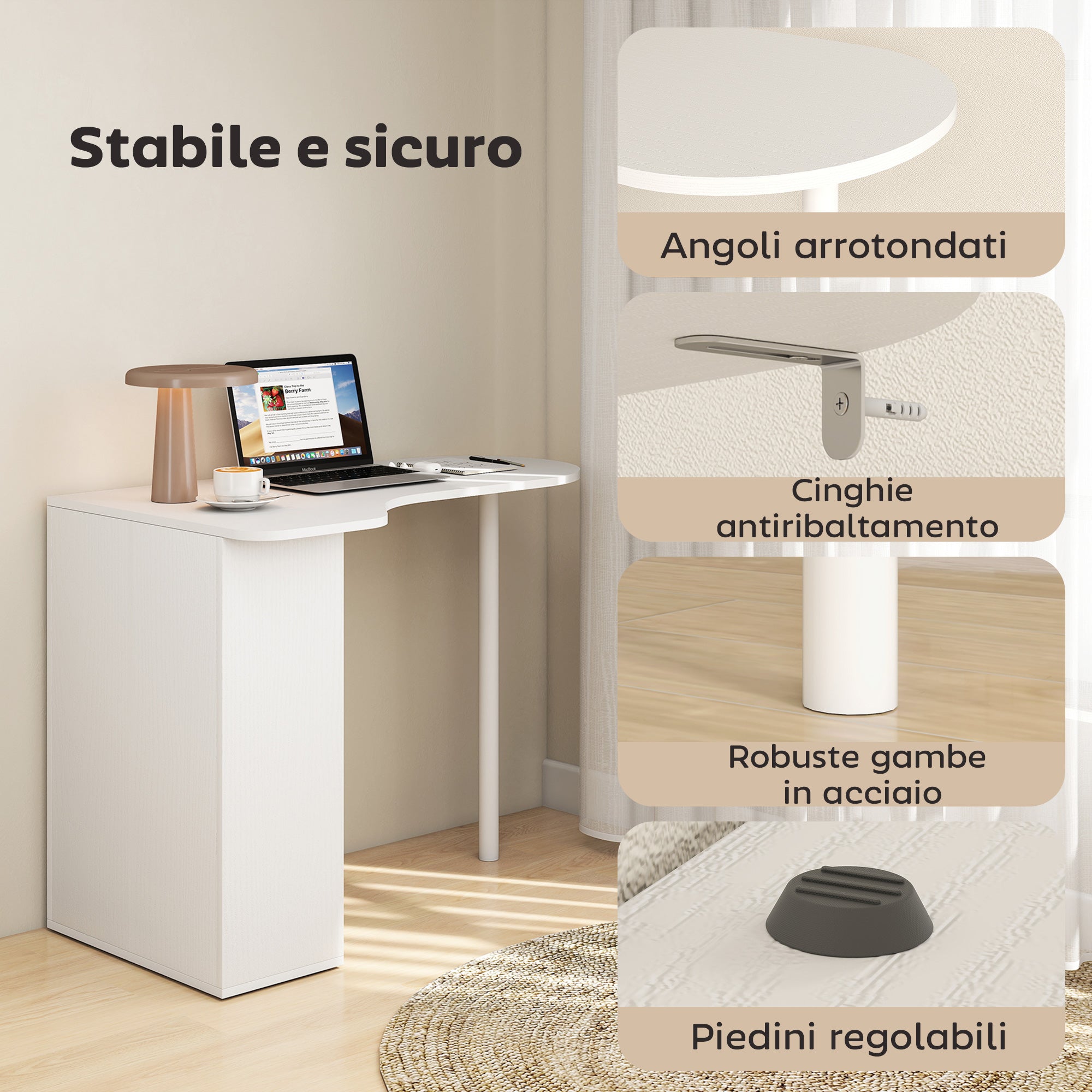 Scrivania per Camera Ricurva 100x59x75,5 cm con 6 Ripiani e 4 Scaffali Regolabili in Acciaio e Legno Bianco