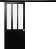Porta scorrevole nera da officina in vetro satinato H204 x L83 + binario in alluminio fascia nera e 2 gusci