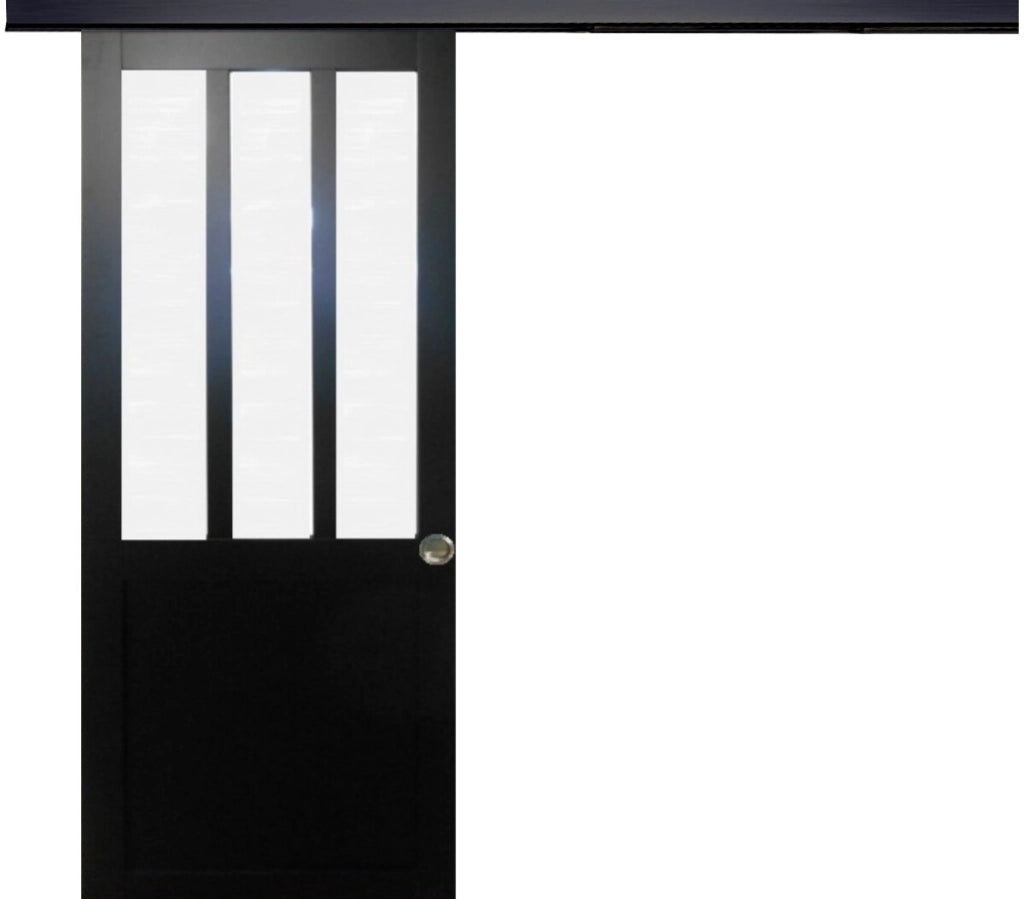 Porta scorrevole nera da officina in vetro satinato H204 x L83 + binario in alluminio fascia nera e 2 gusci