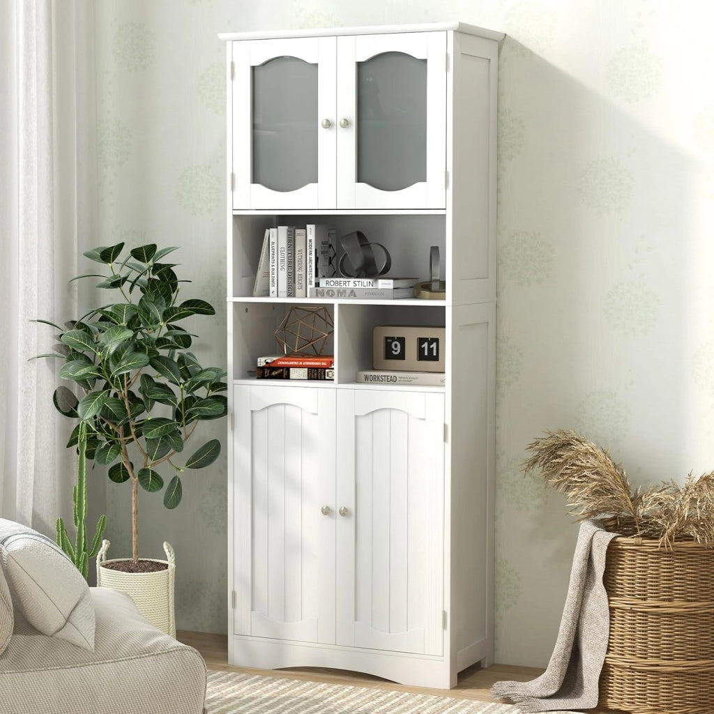 Armadietto Salvaspazio 60 x 30 x 148,5cm, Mobile Bagno con Scomparti Aperti, Scaffafli Regolabili e 2 Porte in Vetro Temprato, Armadio da Bagno per Ufficio, Soggiorno e Camera da Letto, Bianco