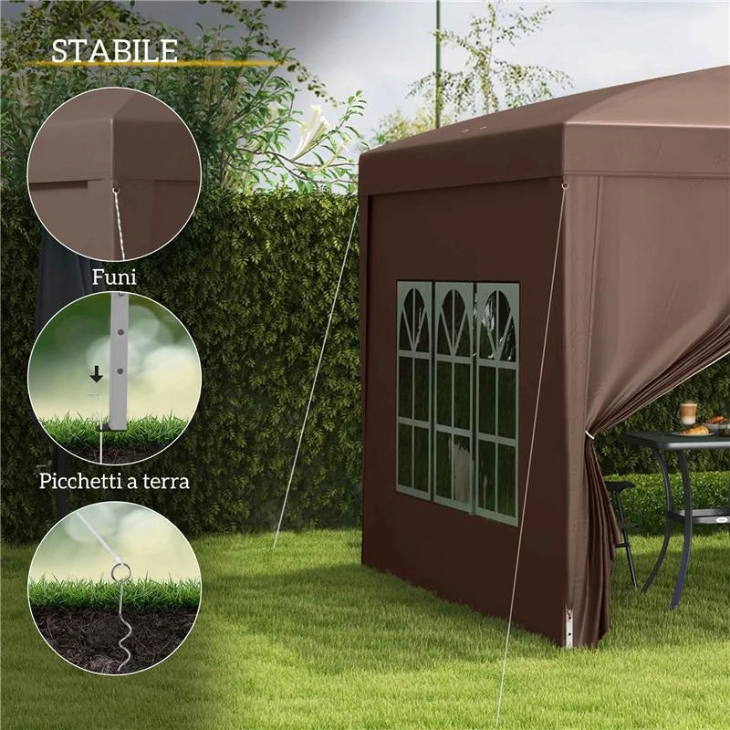 GAZEBO DA ESTERNO 3X3 M PIEGHEVOLE CON 4 PANNELLI LATERALI IN ACCIAIO E TESSUTO OXFORD COLOR CAFFÈ