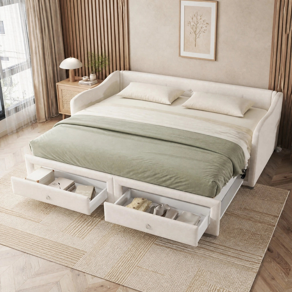 DESMIU Letto con rete estraibile 90 × 200 cm 1 piazza con 2 cassetti, senza materasso, in lino, beige