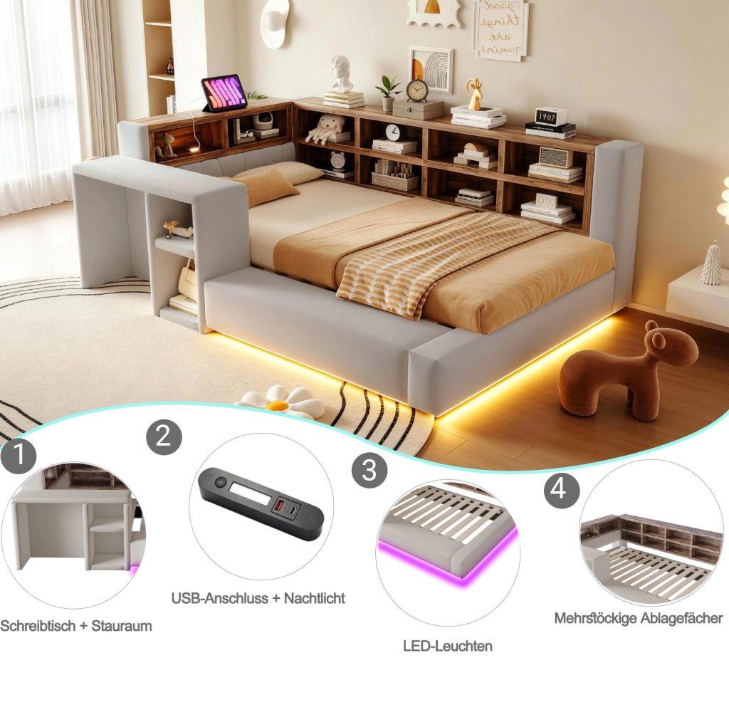 Letto imbottito 90x200 cm con contenitore; LED; prese integrate e comodino; grigio chiaro