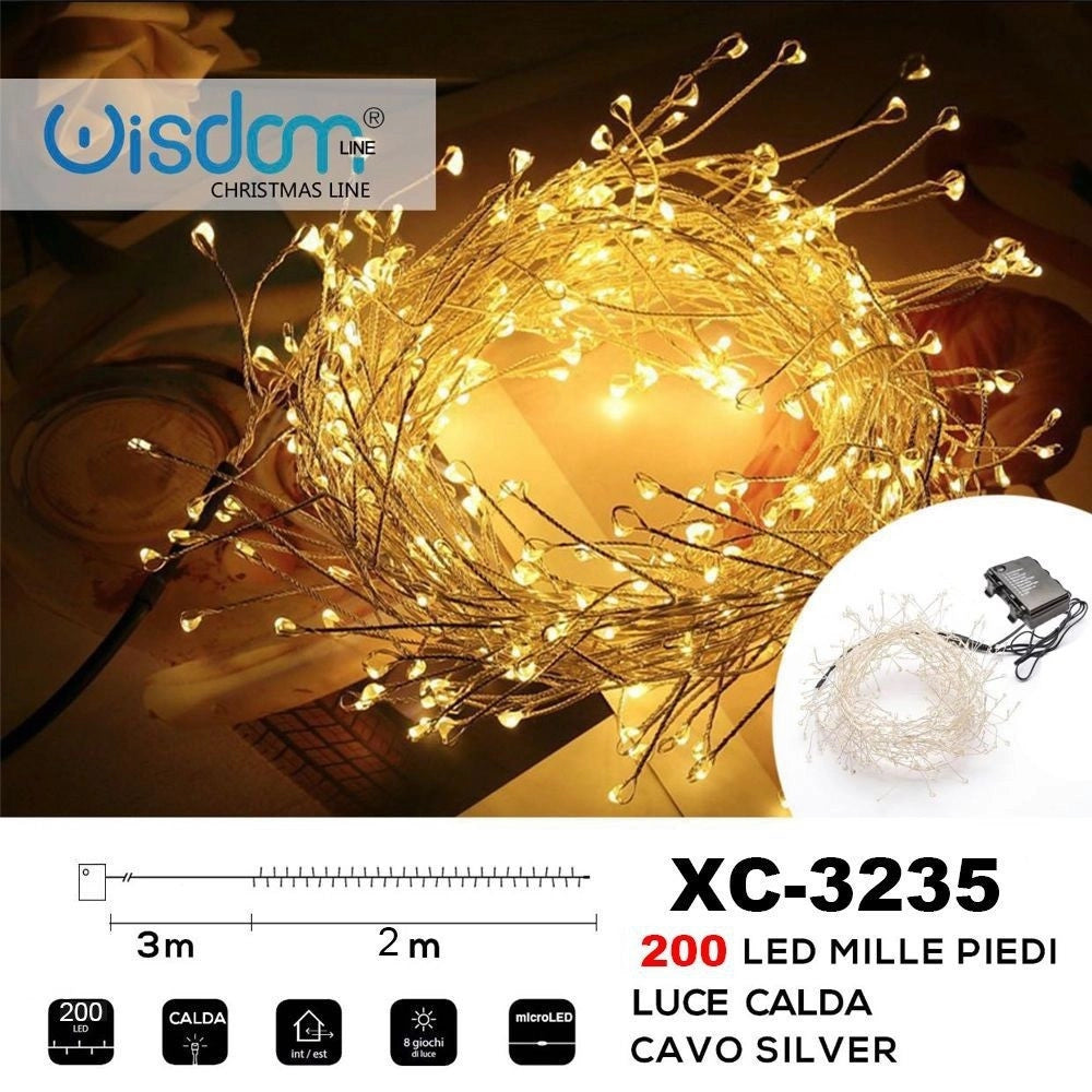 Trade Shop - Catena Luminosa 200 Led Mille Piedi Effetto Ramo Luce Calda A Batteria Xc-3235 -