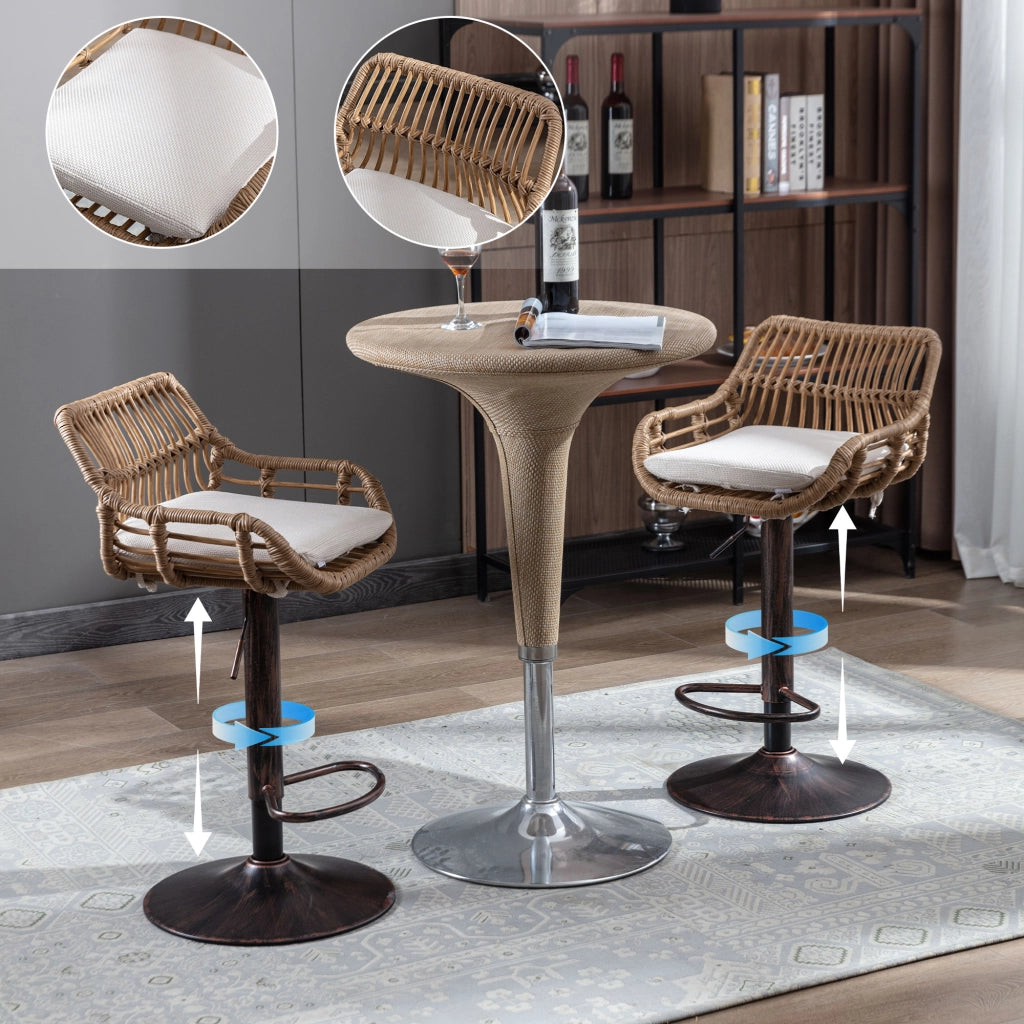 Set di 2 Sgabelli da Bar Girevoli e Regolabili in Altezza con Poggiapiedi; per Cucina e Sala da Pranzo; Lino; Beige