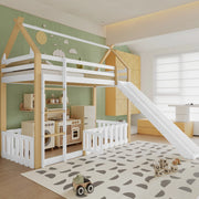 Letto a castello 90x200 cm con scivolo e tetto in legno; MDF e compensato bianco e naturale