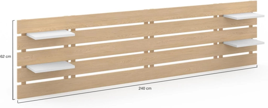Testiera NINA 240 CM in legno chiaro con 5 doghe larghe e ripiani bianchi
