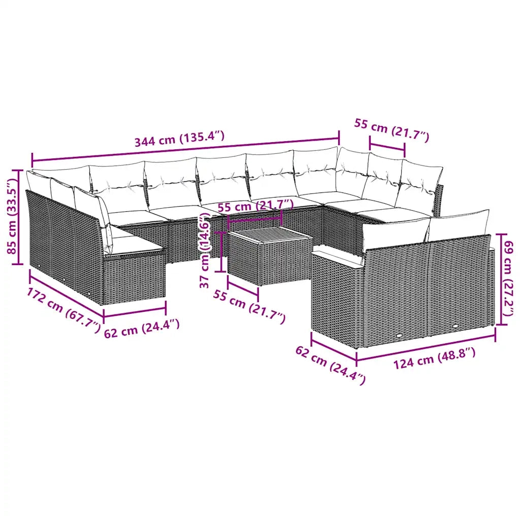 Set Divani da Giardino 13pz con Cuscini Nero in Polyrattan 3258850