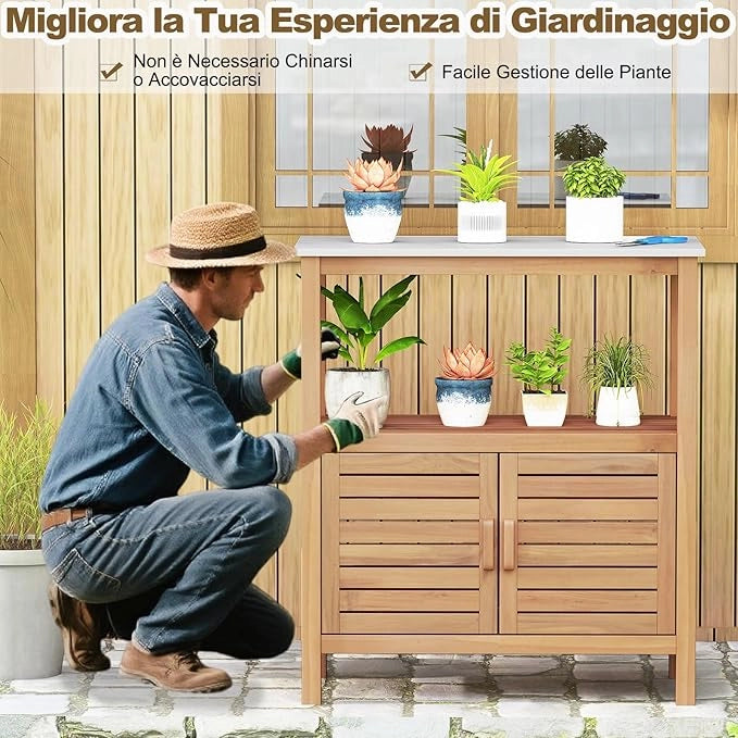 Mobile Buffet per Esterni in Legno di Acacia, Banco da Giardinaggio con Piano in Resina, Scaffale e Armadio e con Porte a Persiana, 80 x 40 x 90,5 cm