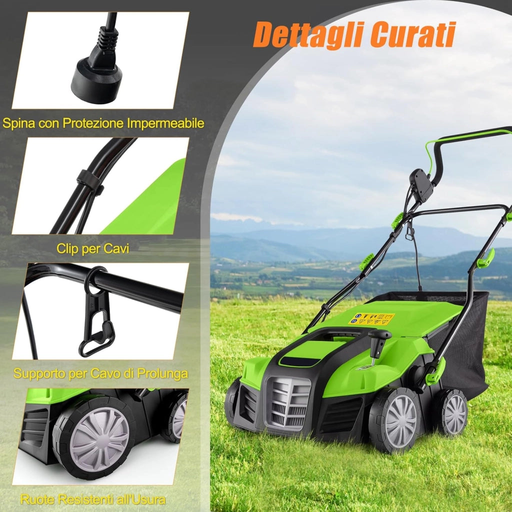 2 in 1 Scarificatore Elettrico, 40 cm, 2000W, 3500rpm, Erbicida Pieghevole con Sacca di Raccolta da 55L, Regolazione Profondità 5 Livelli, Adatto Prato 800 ㎡ (Verde)