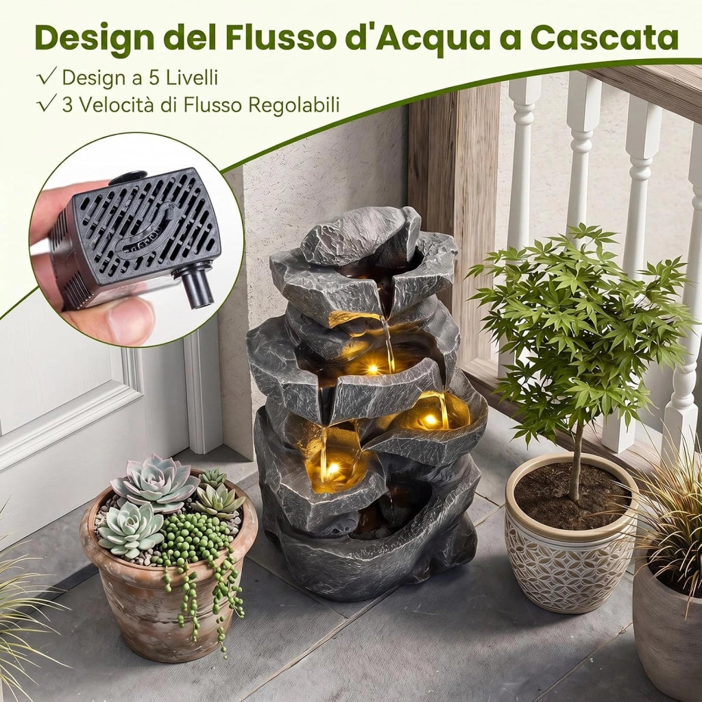 Fontana da Giardino a 5 Livelli con Luci e Flusso Regolabile | Fontanella Cascata Elettrica a Forma di Roccia con Effetto di Pietra da Terrazza e Balcone