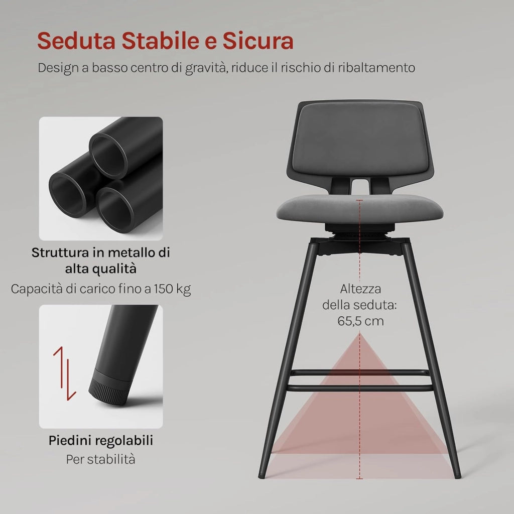 Sgabelli Cucina Set di 2, Sgabelli Bar Girevoli a 360°, con Schienale e Poggiapiedi, in Velluto di Latte, per Cucina, Bar, Soggiorno, Grigio Scuro