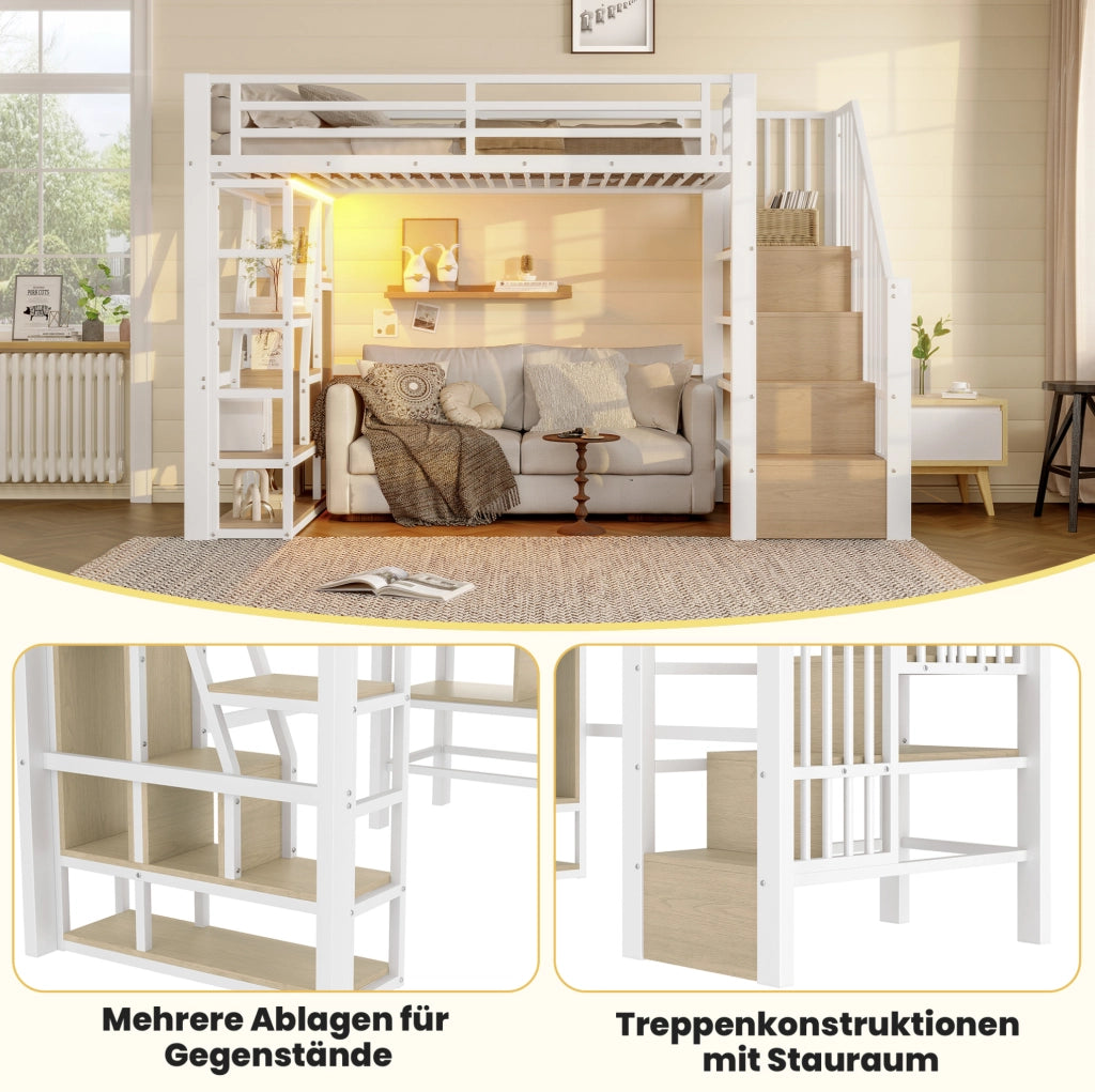 Letto a soppalco 90x200 cm in metallo e MDF con LED; scala con contenitore; bianco