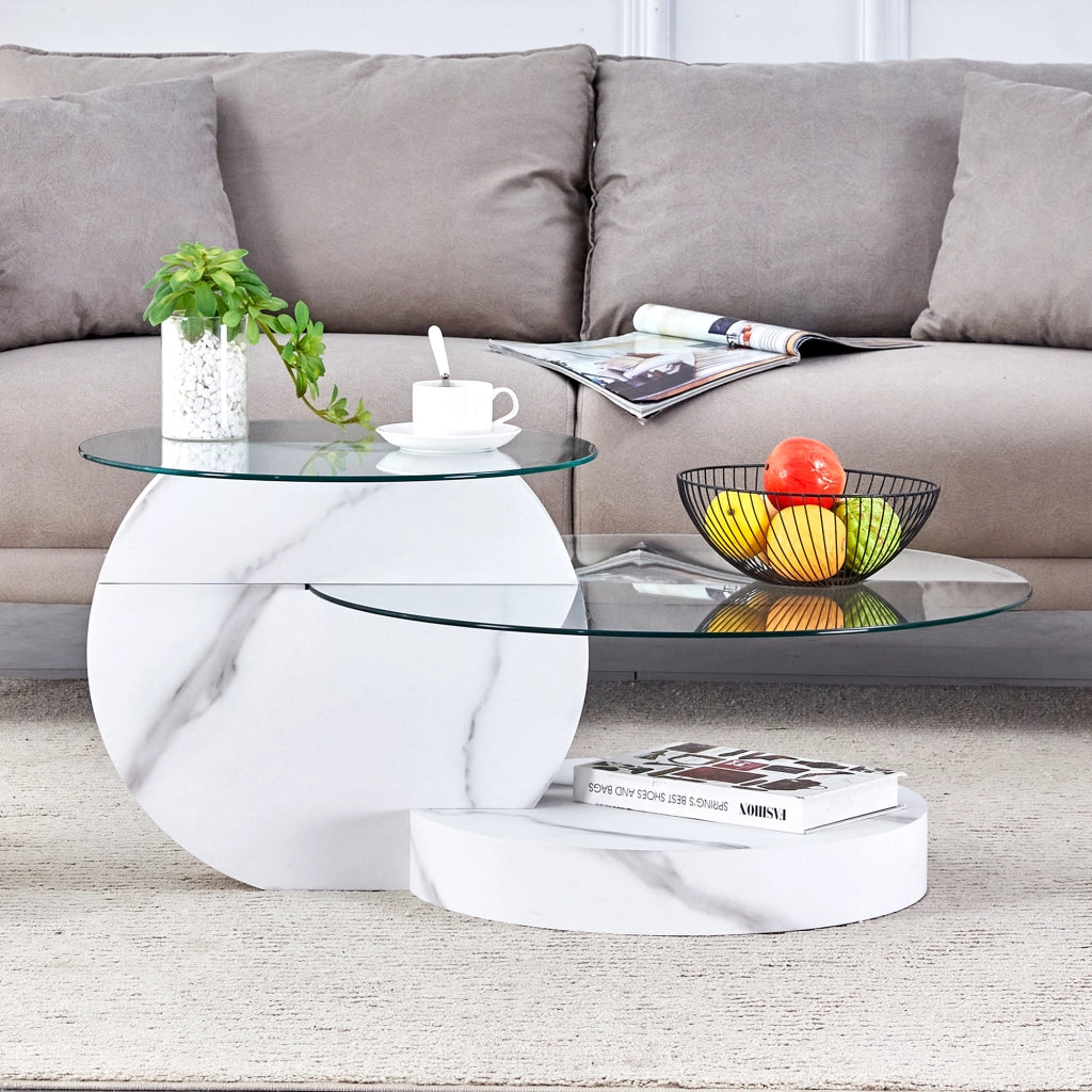 TAVOLINO DA CAFFÈ Doppio piano Ø70/50 cm MDF Bianco Marmo Vetro Trasparente