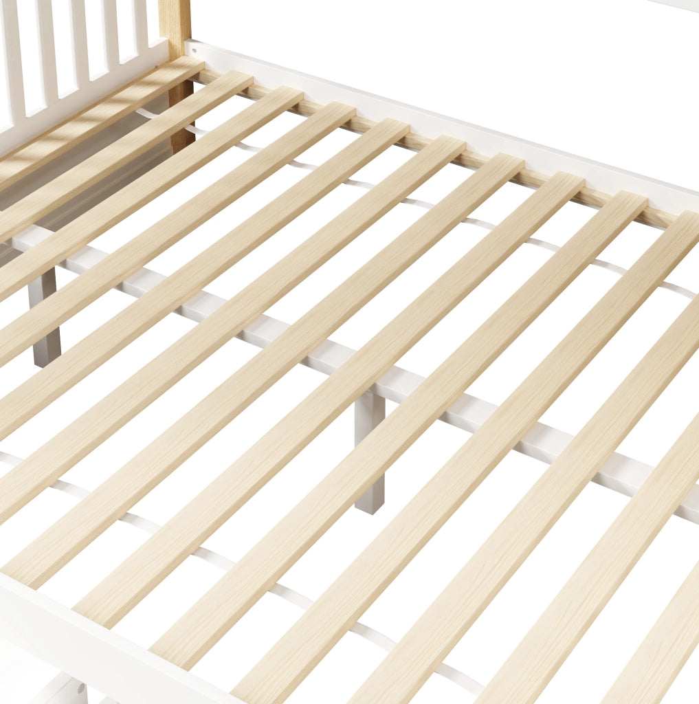 Letto a castello per bambini 90x200 e 140x200 cm in pino; bianco e naturale; con cassetti