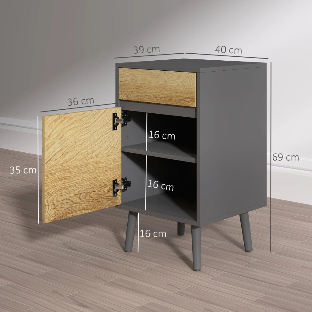 EasyComfort Comodino con Cassetto e Armadietto Moderno Senza Maniglie, 40x39x69 cm, Grigio Scuro e Legno