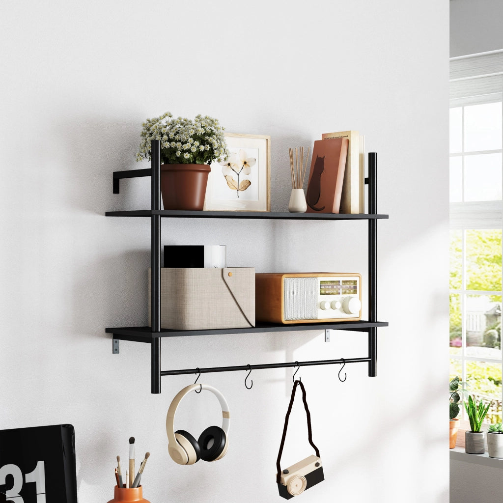 Scaffale a Parete 2 Livelli con Ganchi ¨C Zephmum ¨C 80x24x65 cm Nero