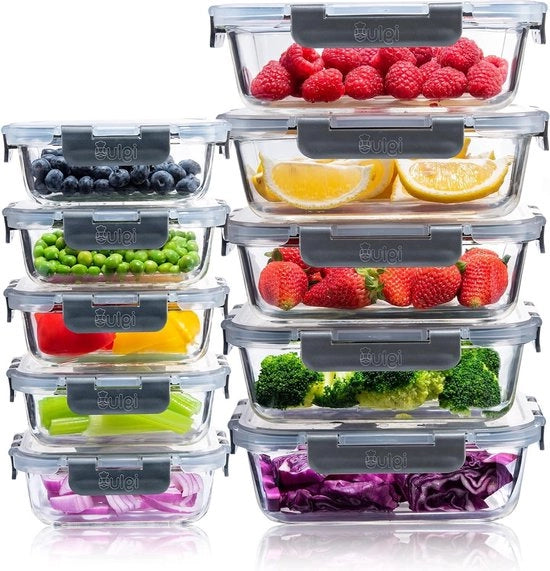 Set di contenitori per cibi - set di 10 contenitori in vetro per preparazione di pasti - chiusura a click - coperchi impermeabili - riutilizzabili - sicuri per il forno a microonde - liberi da BPA - contenitori per pasti (1050 ml & 370 ml)