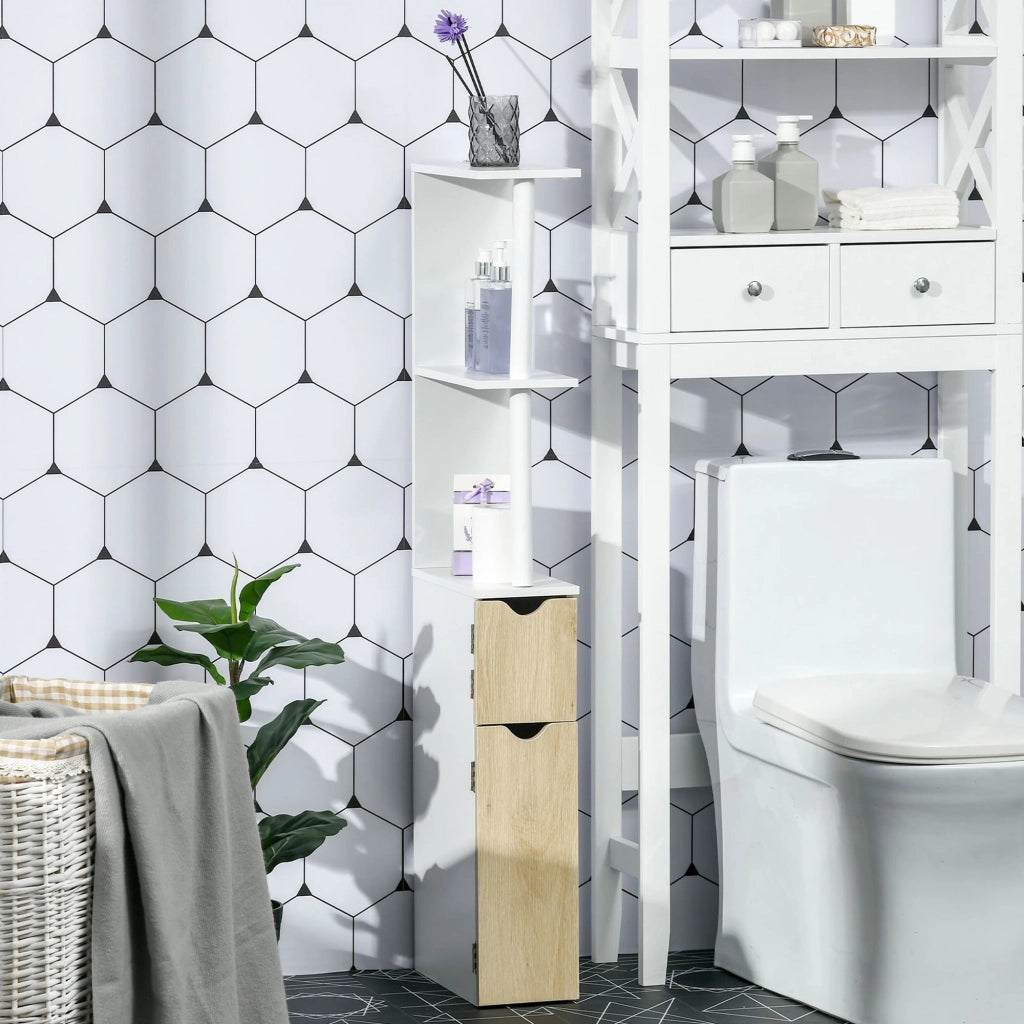Mobile a Colonna 2 Ripiani 2 Armadietti 15,2x29,8x118 cm in MDF e Legno Truciolare Bianco e Legno