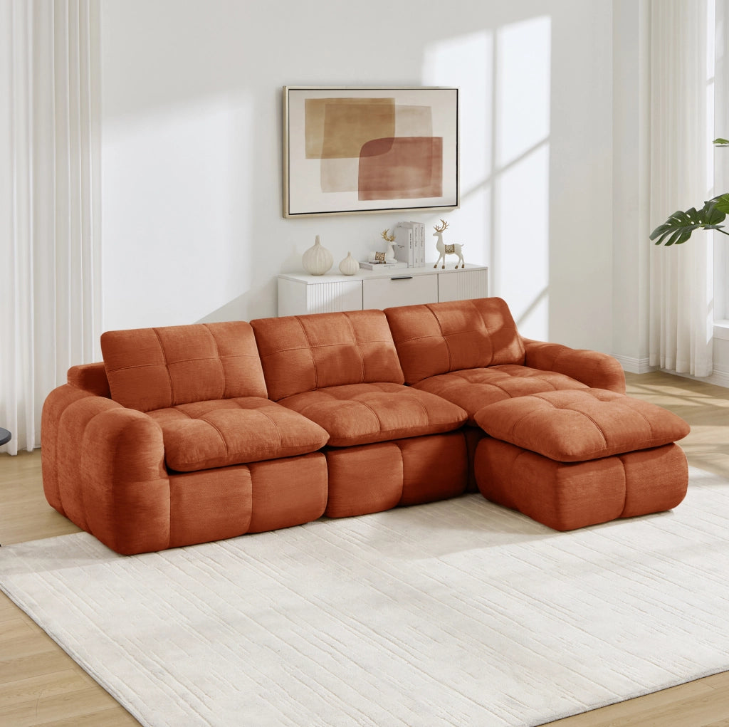Divano modulare angolare 3 posti con pouf 264x160x68 cm in chenille arancione