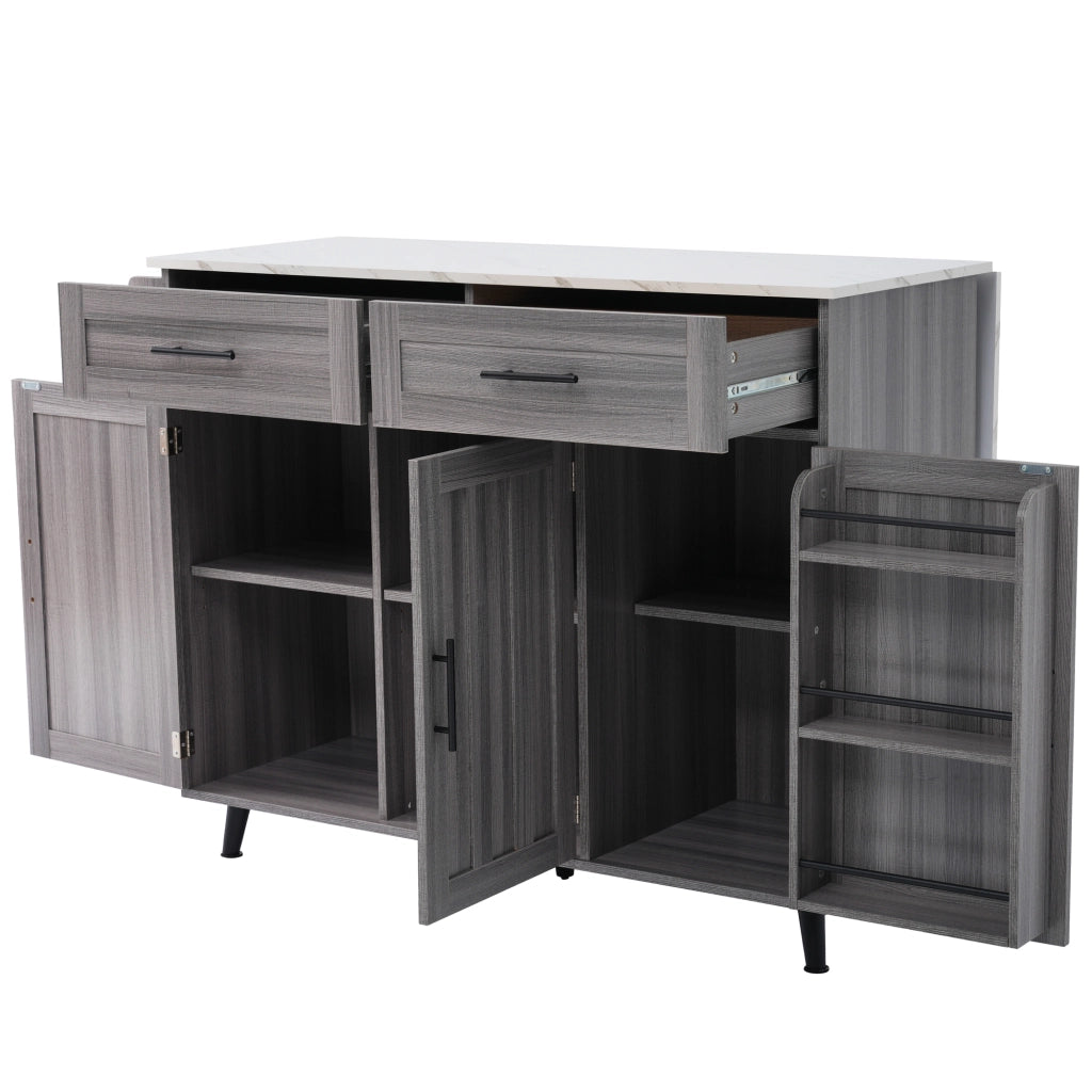 Isola da Cucina Mobile 129x46/71x91;5 cm Grigio con Piano Effetto Marmo; 2 Cassetti; Ripiani e Ruote
