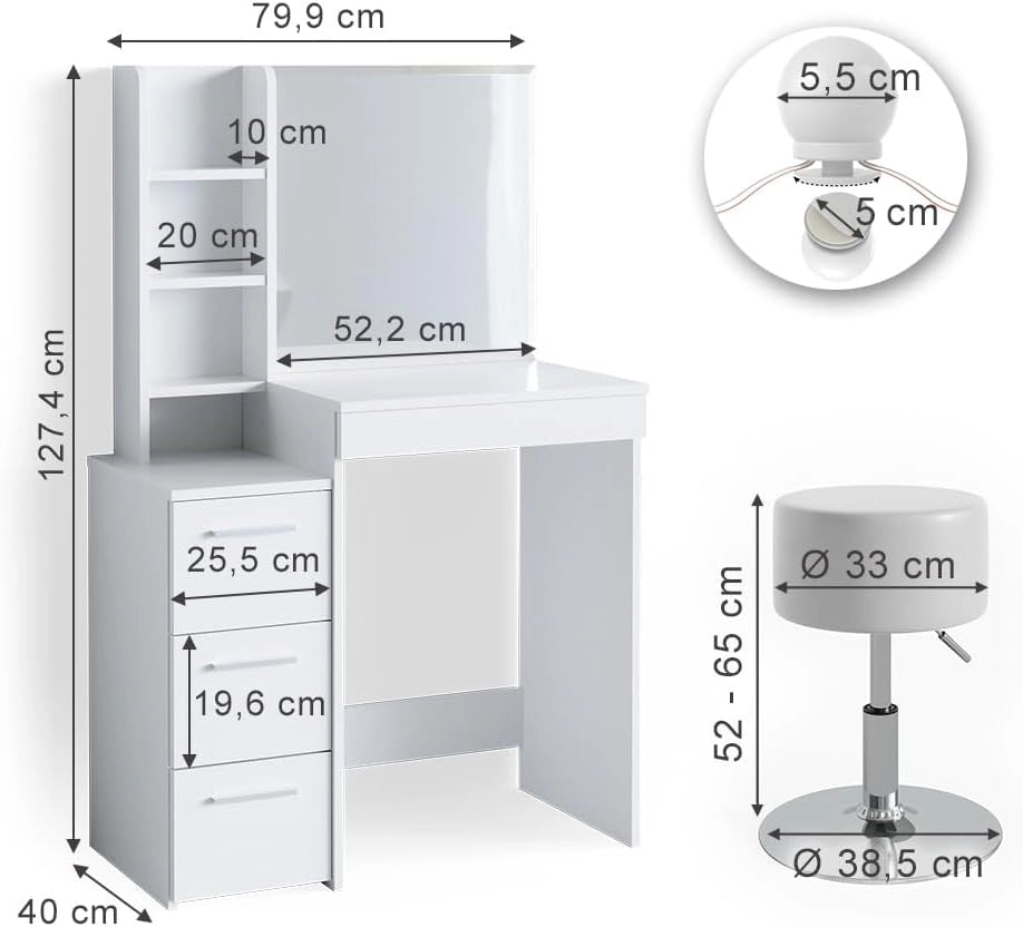 Tavolo da toeletta Meryl, Bianco, 80 cm con illuminazione LED e sgabello, adatto per truccarsi, acconciarsi e conservare cosmetici