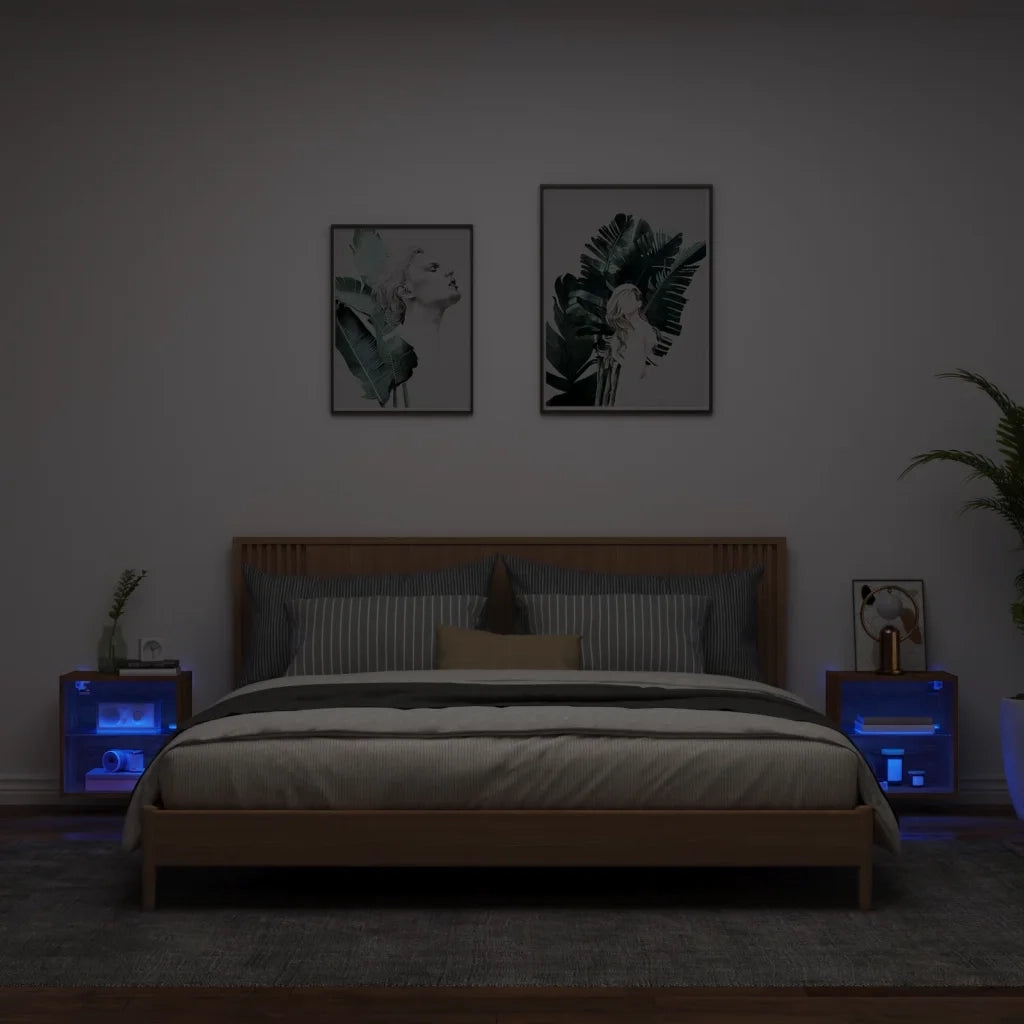 Comodini con Luci LED a Parete 2pz Rovere Marrone 837077